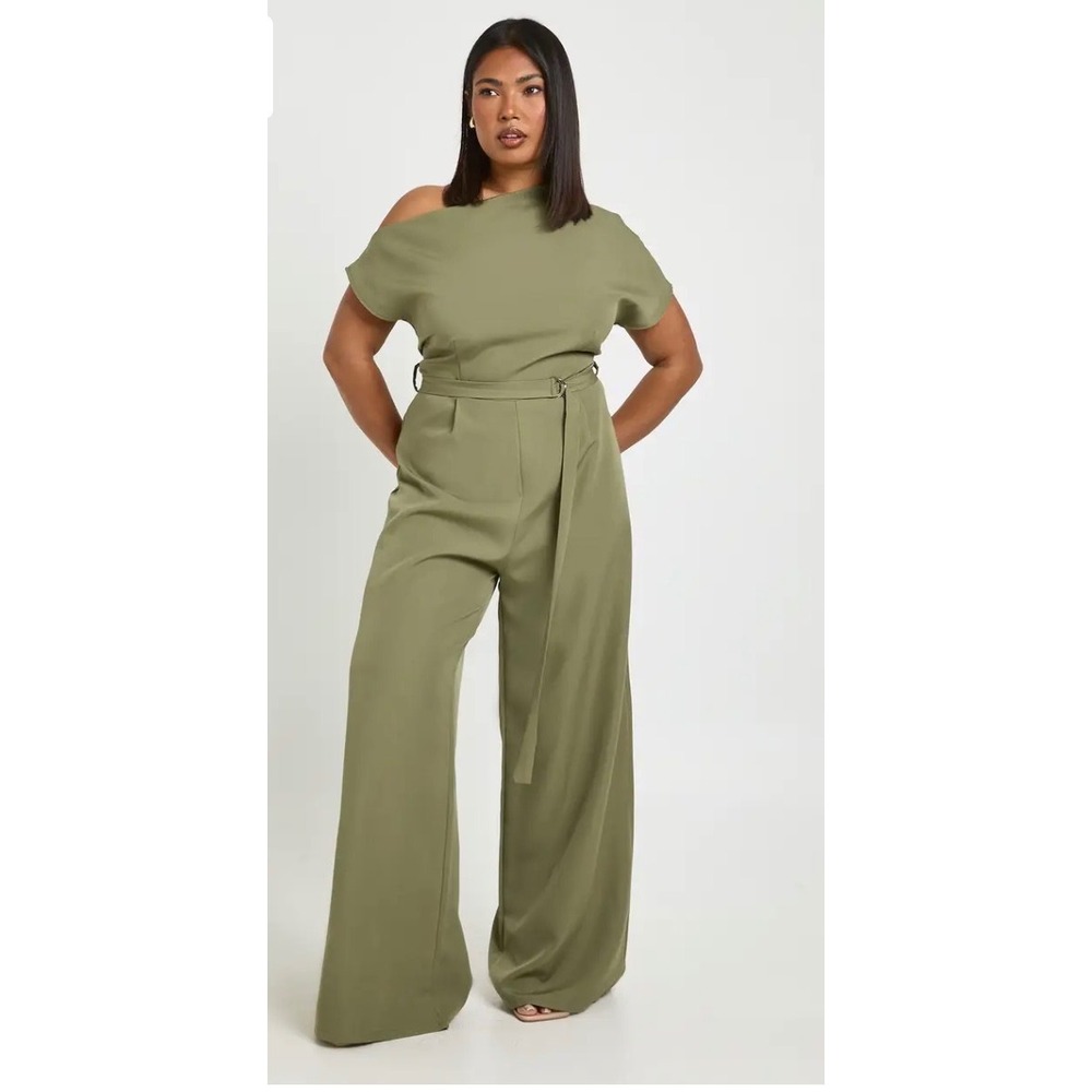 Boohoo Plus Asymmetric Belted Jumpsuit Khaki Green US 18 Wide Leg Made in Italy